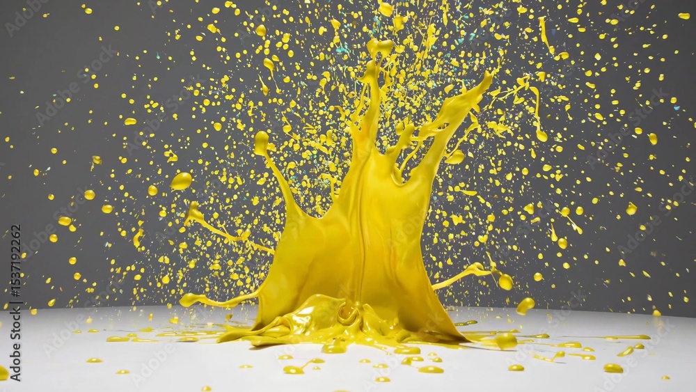 Poster bright yellow paint is splashing dramatically against a gray backdrop, creating a dynamic visual wit
