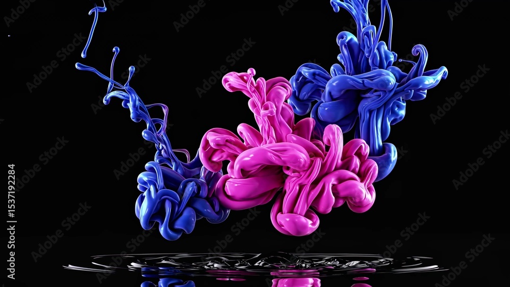 Poster pink and blue ink swirling and mixing in water, creating dynamic abstract shapes against a deep blac
