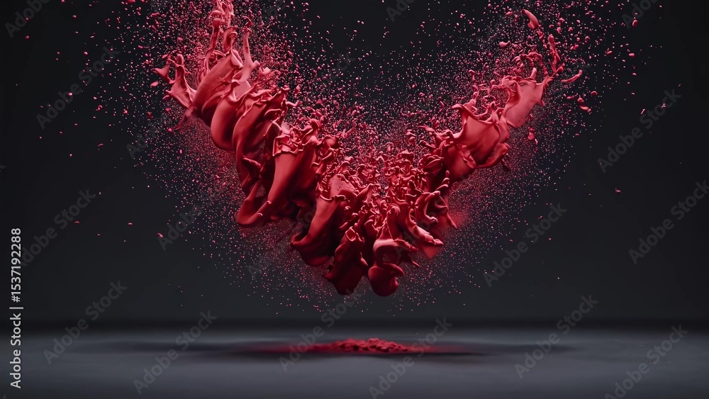 Poster red paint is splashing, creating a dynamic v-shaped explosion with small droplets scattering around,