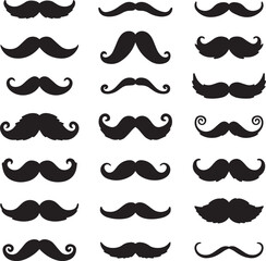 Different moustache silhouettes set. Black hipster, gentleman or barbershop symbols and retro elements. Collection of men's moustaches. Vector illustration on white background