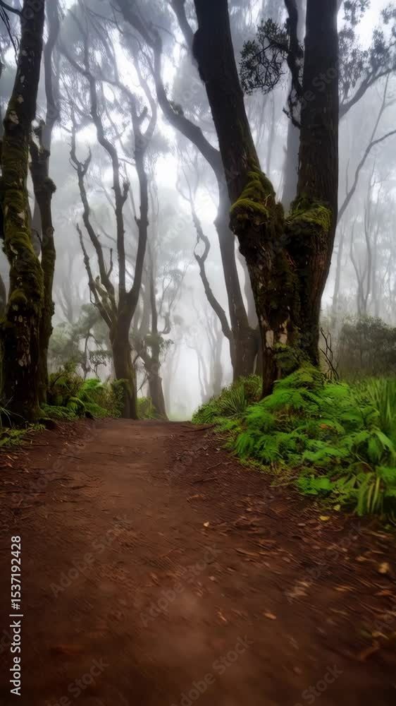 Poster eerie path winds through a dense, foggy forest with mossy trees creating a mysterious and atmospheri