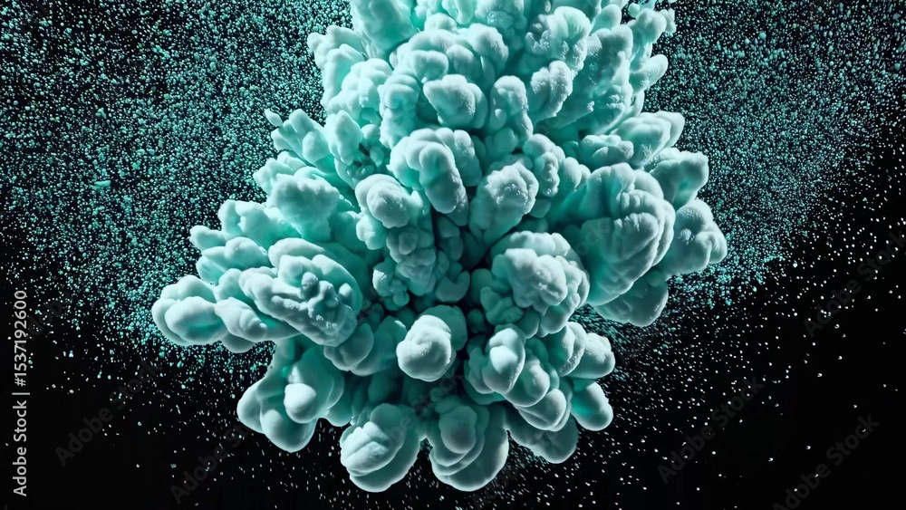 Aufkleber turquoise ink cloud expanding gracefully in water against a deep black background, creating a stunni