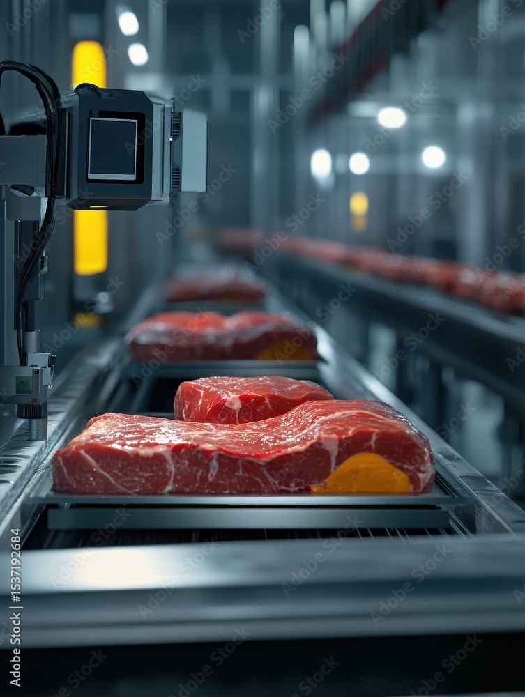 Poster automated robotic arm with camera inspecting packaged meat products moving along conveyor belt in mo