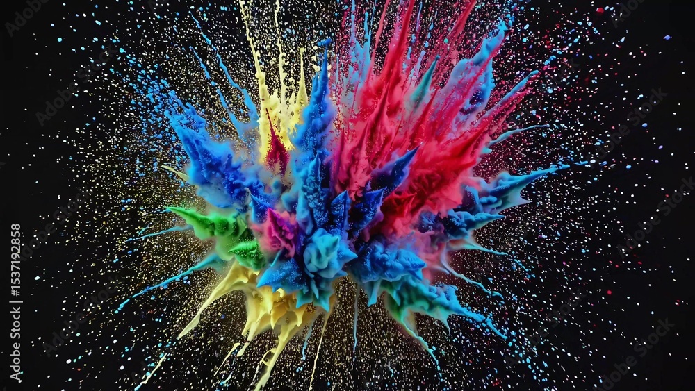 Poster dynamic explosion of colorful paint splashes against a black background, creating a vivid and energe