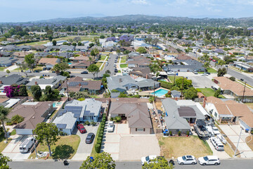Day time aerial view of the Uptown area of Whittier with house and street, California, USA