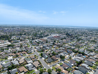Day time aerial view of the Uptown area of Whittier with house and street, California, USA