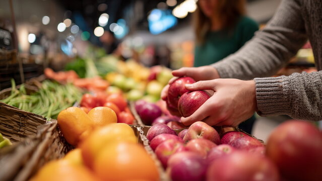 Close-up of hands reaching for fresh fruit at a grocery store, vibrant fruits and vegetables neatly arranged, creating a lively and everyday life atmosphere. - Powered by Adobe