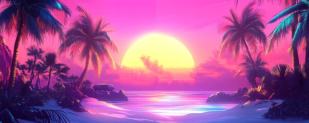 Retro-style vibrant sunset with palm trees in digital tropical illustration