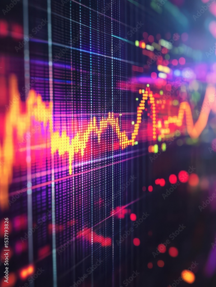 Poster brightly illuminated stock market chart displaying dynamic financial data trends and volatility on a