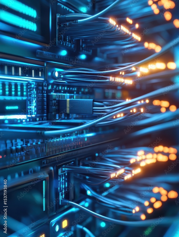 Poster close-up view of fiber optic cables connected to a server rack, showcasing the intricate network inf