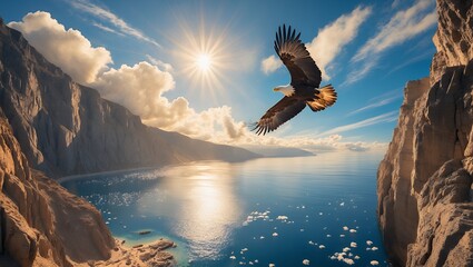 Obraz premium Eagle soaring over coastal cliffs and water under bright sun