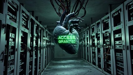 Cables connecting a biological heart with glowing access granted message to server racks in a futuristic data center represent biometric security, organ transplant, or artificial intelligence