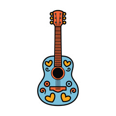 A charming, stylized acoustic guitar with a bright and playful design.