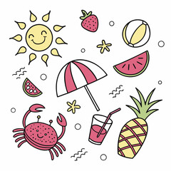 Summer beach elements with sun, fruits, drinks, and sea creatures captured in a fun doodle style illustration