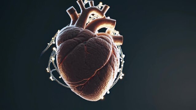 Realistic anatomical human heart is gently illuminated by a delicate string of warm white lights, creating a poignant image of hope, healing, and the preciousness of life