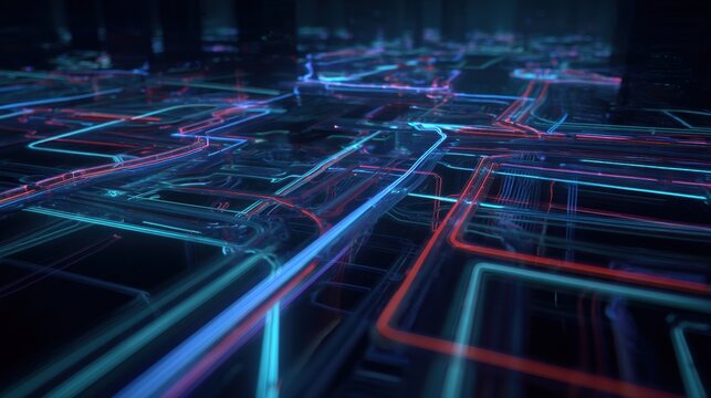 Neon-lit circuit pathways forming a complex network in a futuristic setting