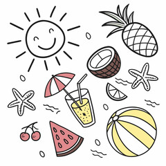 Summer beach elements with sun, fruits, drinks, and sea creatures captured in a fun doodle style illustration