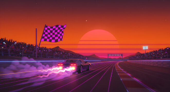 Synthwave Racing Scene Depicting a Car on a Track Under a Fiery Sunset