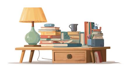 A digital illustration depicting a low wooden side table with a drawer.  The table is cluttered with stacks of books of varying sizes and colors, a table lamp with a pale yellow shade and a