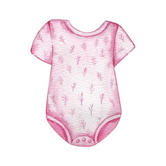 Watercolor image of baby bodysuit hand painted newborn essentials in soft pink pastel colors for baby shower