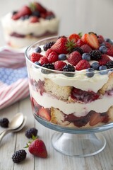 Layered berry tiramisu trifle in a clear glass bowl