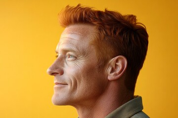Picture art of style for aging men. Fashionable men's ivy league haircut - midlife white man with red hair. Yellow solid background. A peaceful and radiant male in a confident pose.