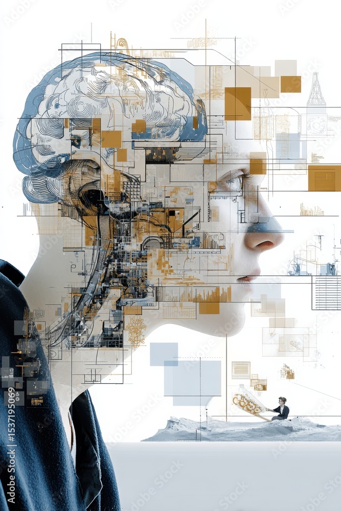 Poster Woman's Profile With Brain Diagram Overlayed, Representing Cognitive Function and Artificial Intelligence in Future Technology and Innovation : Generative AI