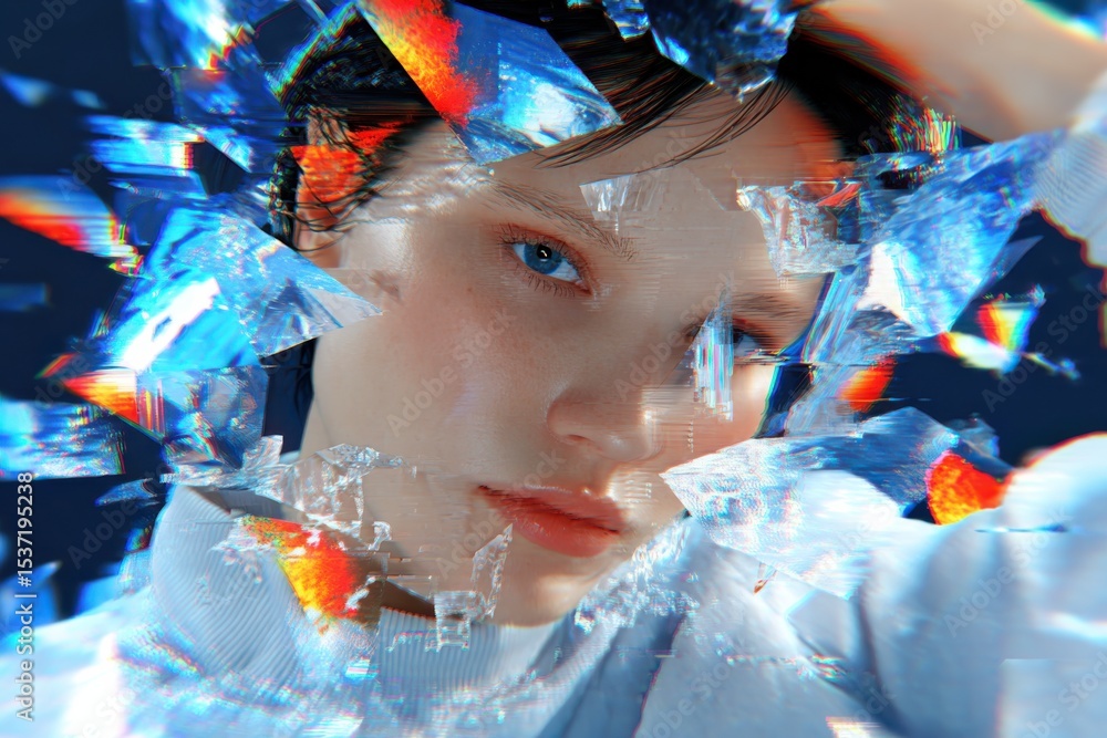 Aufkleber woman's face fragmented by broken glass, reflecting digital disruption and technological transformat