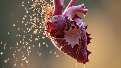 Stylized anatomical human heart is slowly transforming into autumn leaves, losing small pieces, representing the fragility of life, health, and the passage of time with a blurred background