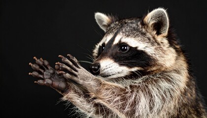 The visage and paws of a charming and affectionate raccoon, which can be a very formidable beast. Profile portrait of the excellent representative of the wild. 