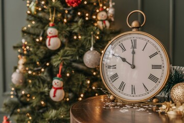 Elegant antique clock near a decorated Christmas tree, perfect for holiday season greetings and New Year celebrations.