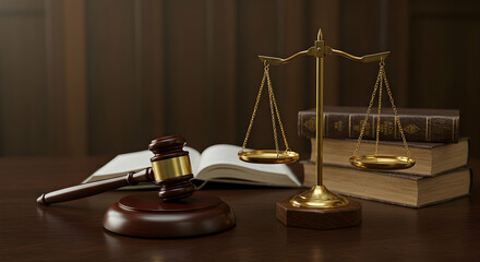 Wooden Gavel and Golden Scales of Justice on a Dark Wooden Table