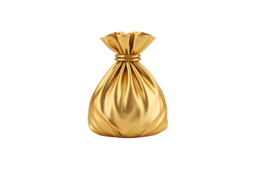 Elegant golden fabric pouch with gathered top and smooth metallic finish, isolated on a transparent background