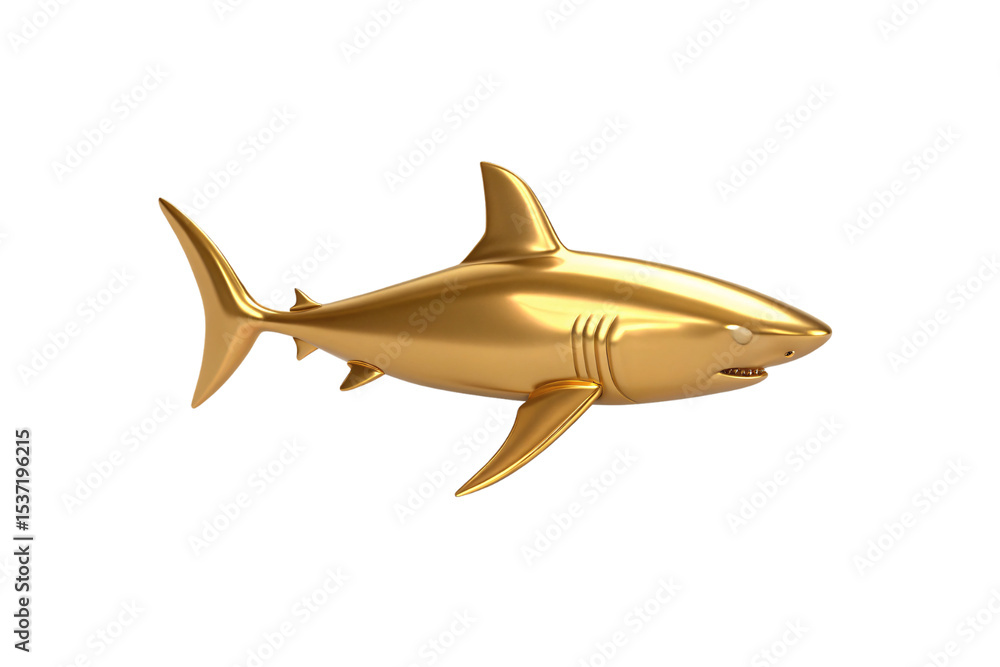 Poster golden shark sculpture with anatomically correct fins and predatory open-mouth expression, isolated 