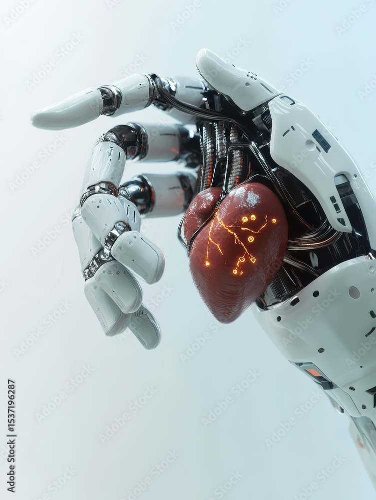 Poster futuristic robotic hand interacting with digital heart model display