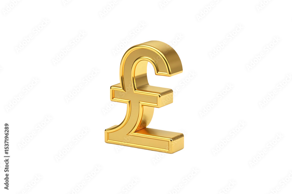 Poster golden three-dimensional british pound sterling currency symbol viewed from side angle with reflecti