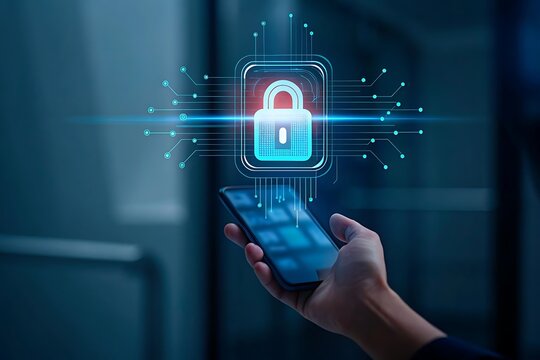 Programmer securing mobile app with innovative cybersecurity login interface. Secure Cyber Security Network with Padlock Icon.