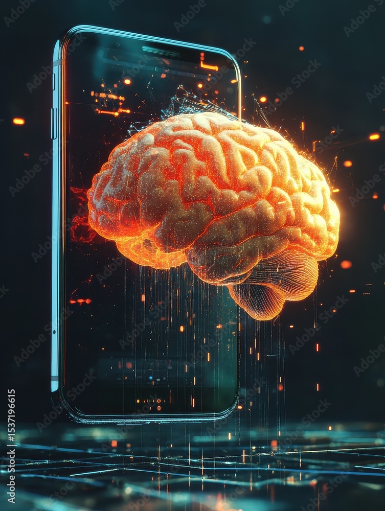 Poster futuristic depiction of a human brain with digital data streams emanating from a smartphone, symboli