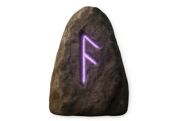 Glowing purple ansuz rune sitting atop weathered stone, symbolizing norse mystical communication against transparent backdrop