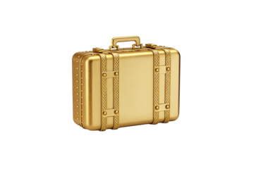 Vintage gold suitcase with decorative corner reinforcements and leather-style straps with metal buckles, isolated on a transparent background