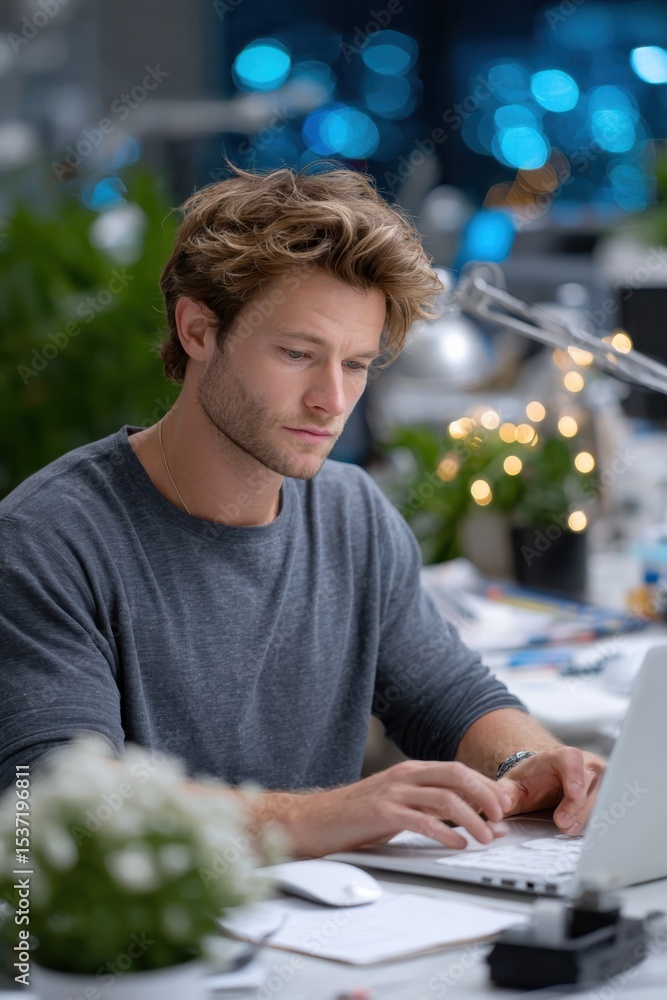 Poster man working on laptop at desk in modern office, illustrating productivity and digital transformation