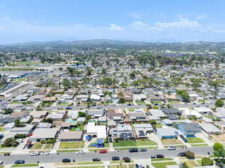 Day time aerial view of the Uptown area of Whittier with house and street, California, USA