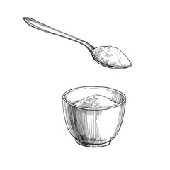 Vector vintage hand-drawn illustration of sugar in a bowl and in a spoon. Black and white sketch of ingredients for recipe design.