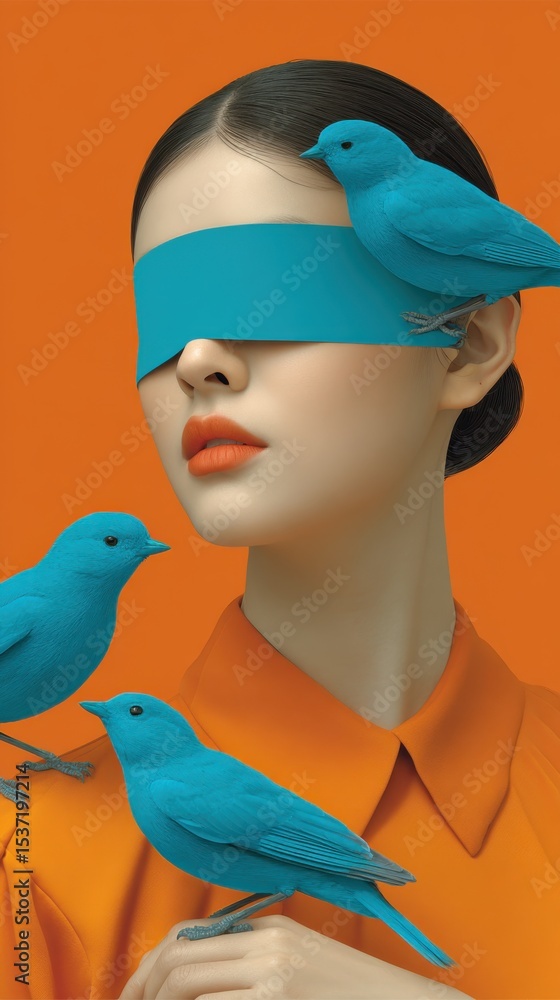 Poster woman with blindfold and bluebirds in vibrant orange setting, symbolizing sensory perception and cre