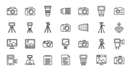 Photography Equipment Icons Camera, Lens, Tripod, Flash, and More