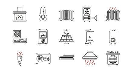 Heating System Icons Fireplace, Radiator, Thermostat, Solar Panel, and More