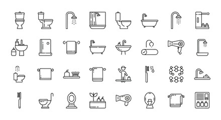 Bathroom Icon Set Toilet, Shower, Bath, and More