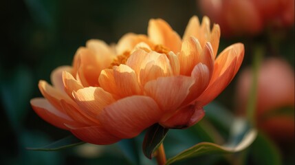 A vibrant peach-colored flower in full bloom, illuminated by soft sunlight.