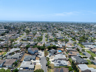 Day time aerial view of the Uptown area of Whittier with house and street, California, USA