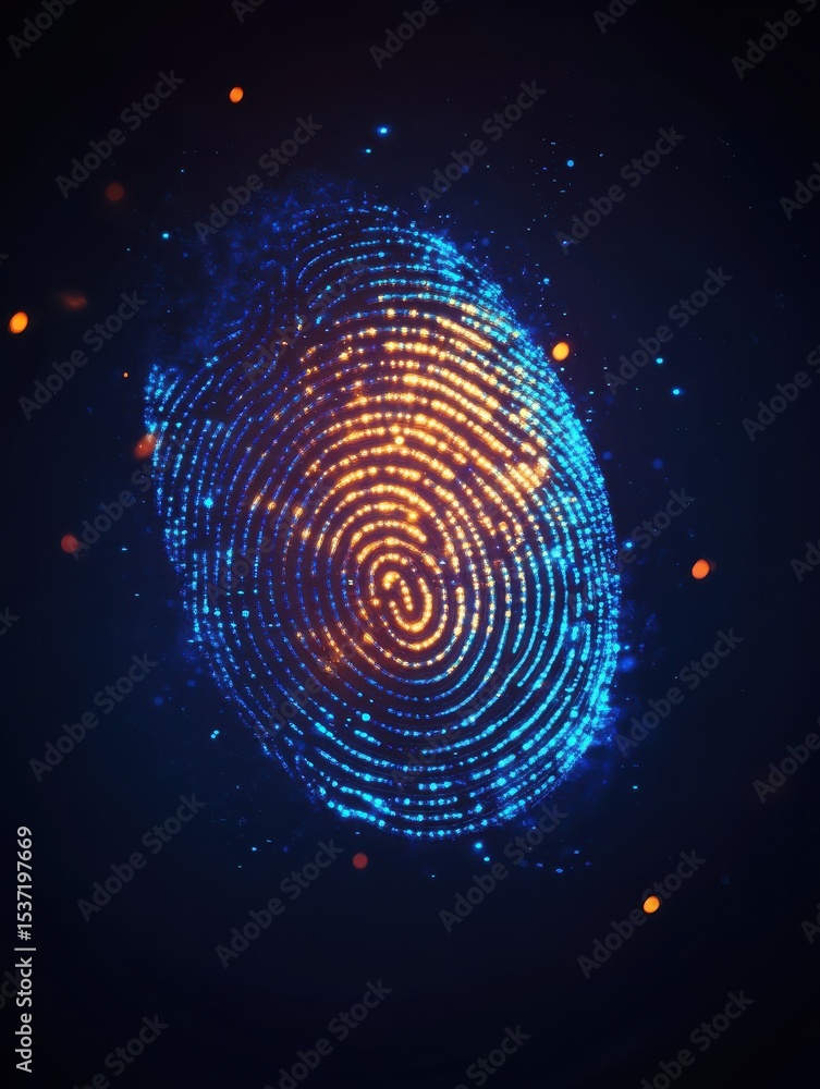 Poster abstract digital fingerprint design with metallic effect and glowing light on dark background, symbo